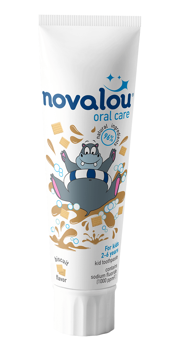 Novalou_Toothpaste_Mockup_FlavorBiscuit_EN-min Oral hygiene gel with prebiotics, aloe vera and xylitol. For kids 2-6 years